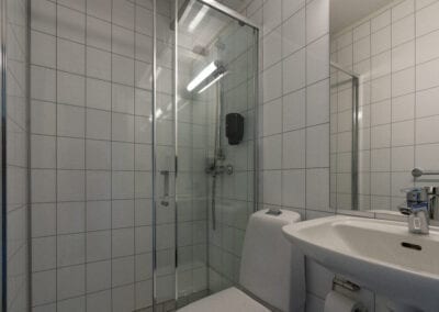 Bilde av et baderom med dusj, toalett og vask