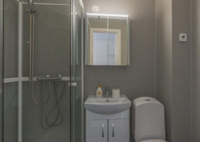 Bilde av et baderom med dusj, vask og toalett